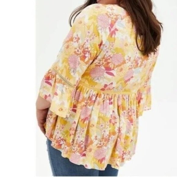 TORRID Plus Size 1X Baby Doll Top Yellow floral Ruffle Blouse - Picture 3 of 11